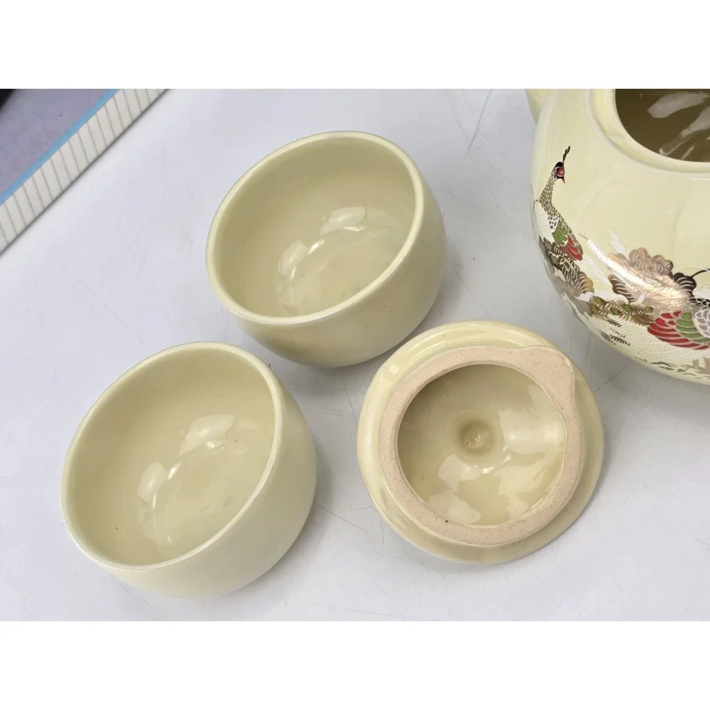 Vintage Keramik Tea Set Teapot + 4 handleless Cups Teaset/Saki, New In Box White